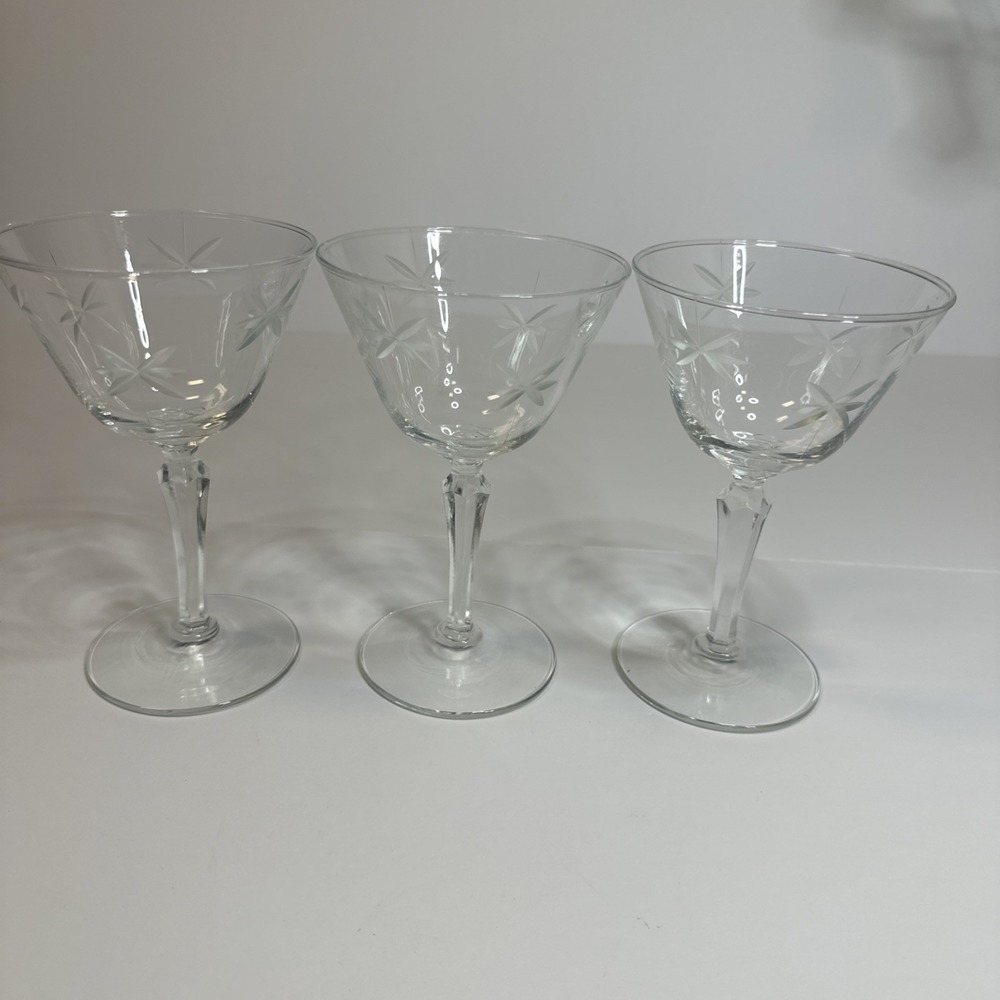 3- Vintage Libby Glass Company Candlelight Hand Blown Etched Stemware Glasses